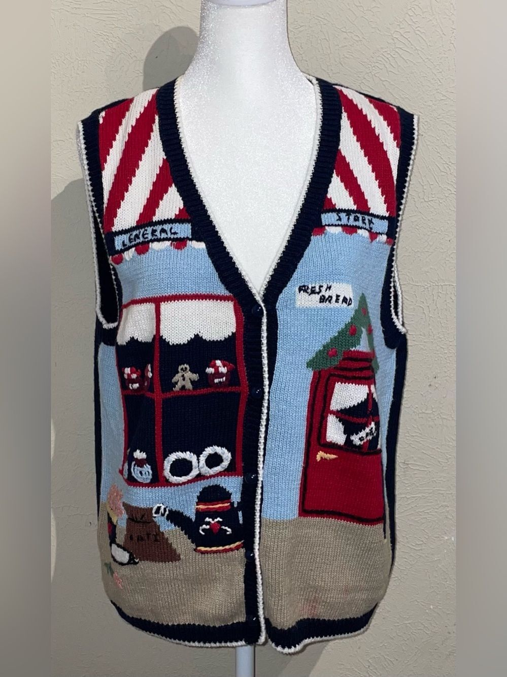 New Look Women’s Size M Navy Sweater Vest General Store Village Knit Christmas - Picture 2 of 9